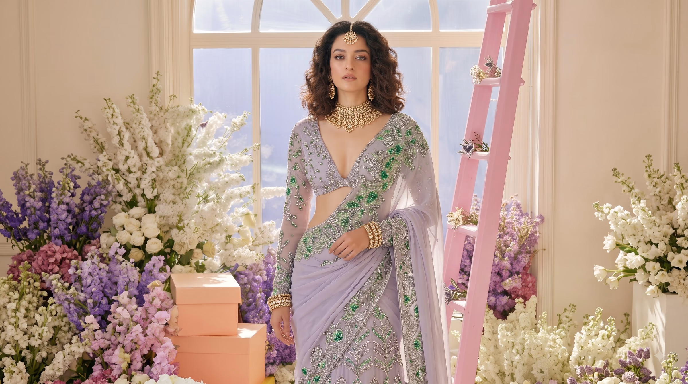 Noor Jahan Gilded Champagne Tissue Drape Saree