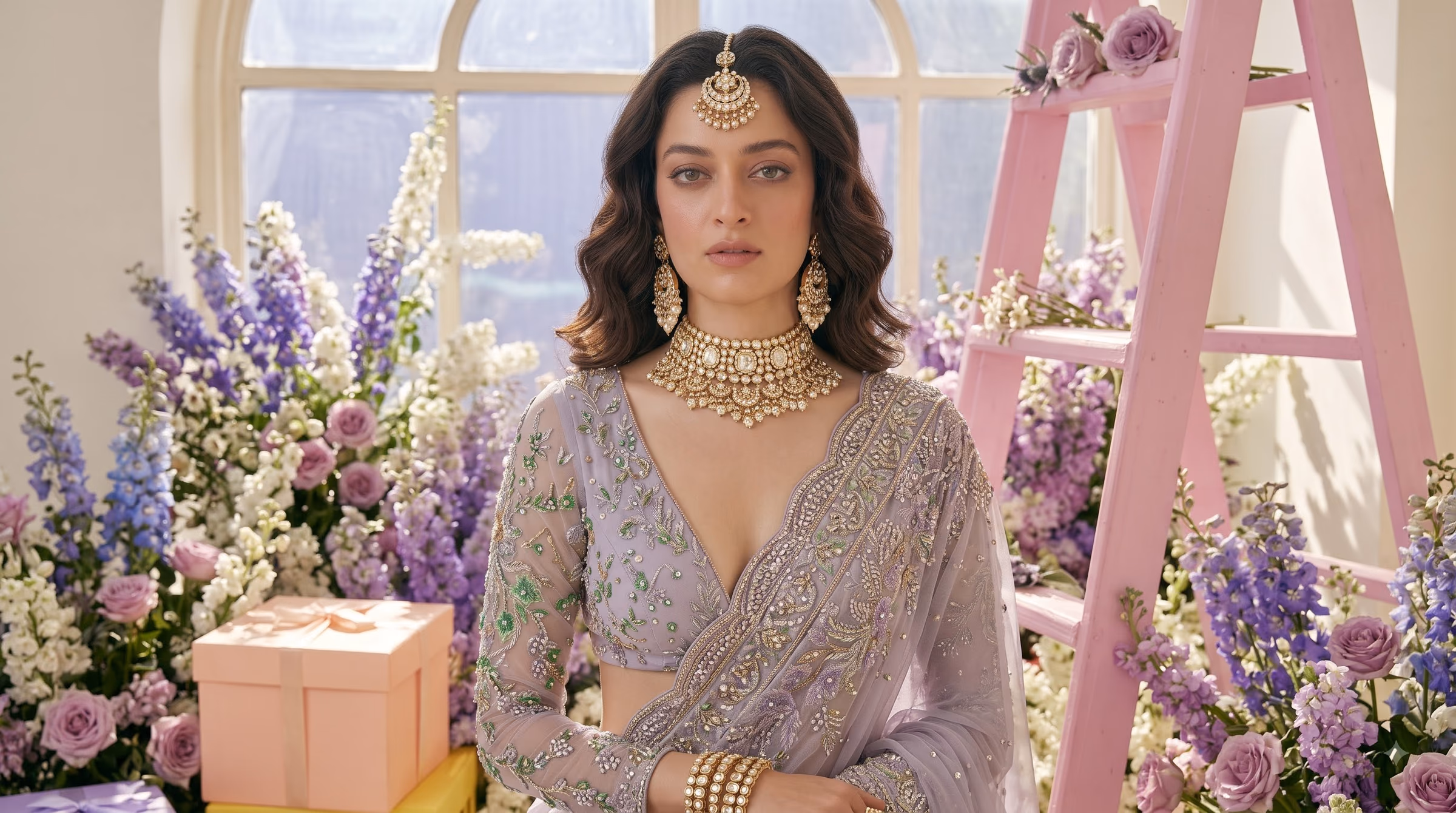 Noor Jahan Gilded Champagne Tissue Drape Saree