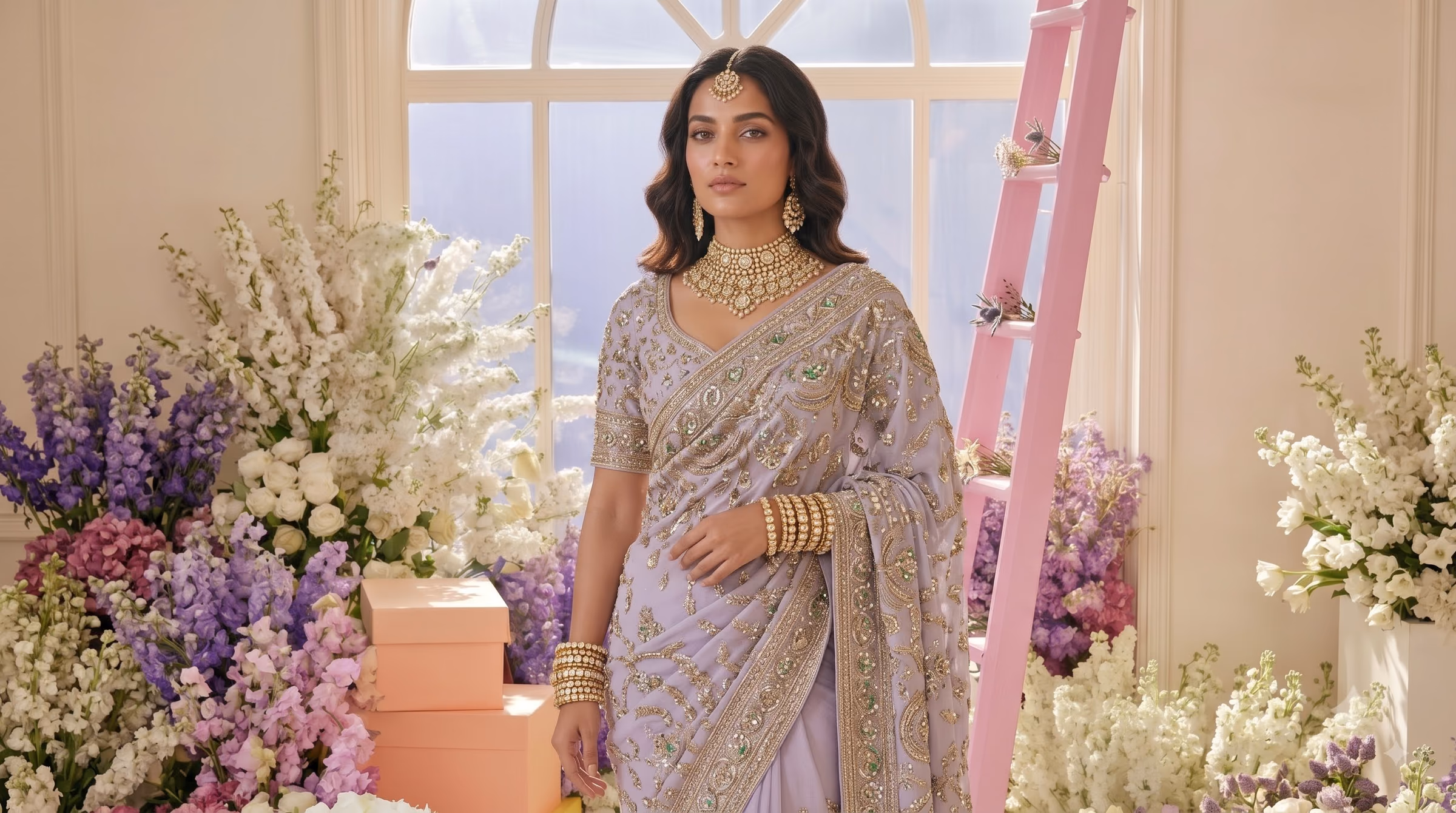 Noor Jahan Gilded Champagne Tissue Drape Saree