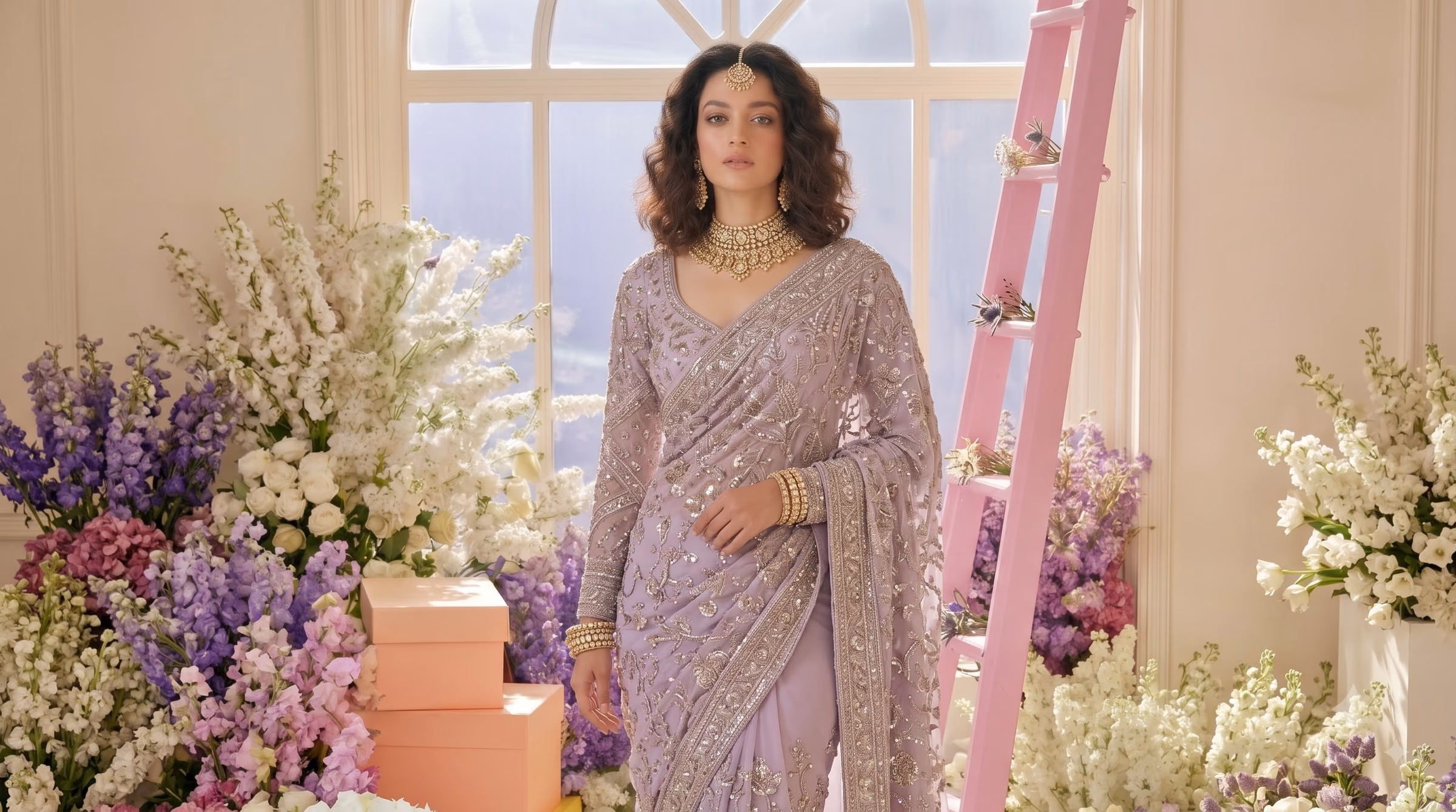 Noor Jahan Gilded Champagne Tissue Drape Saree