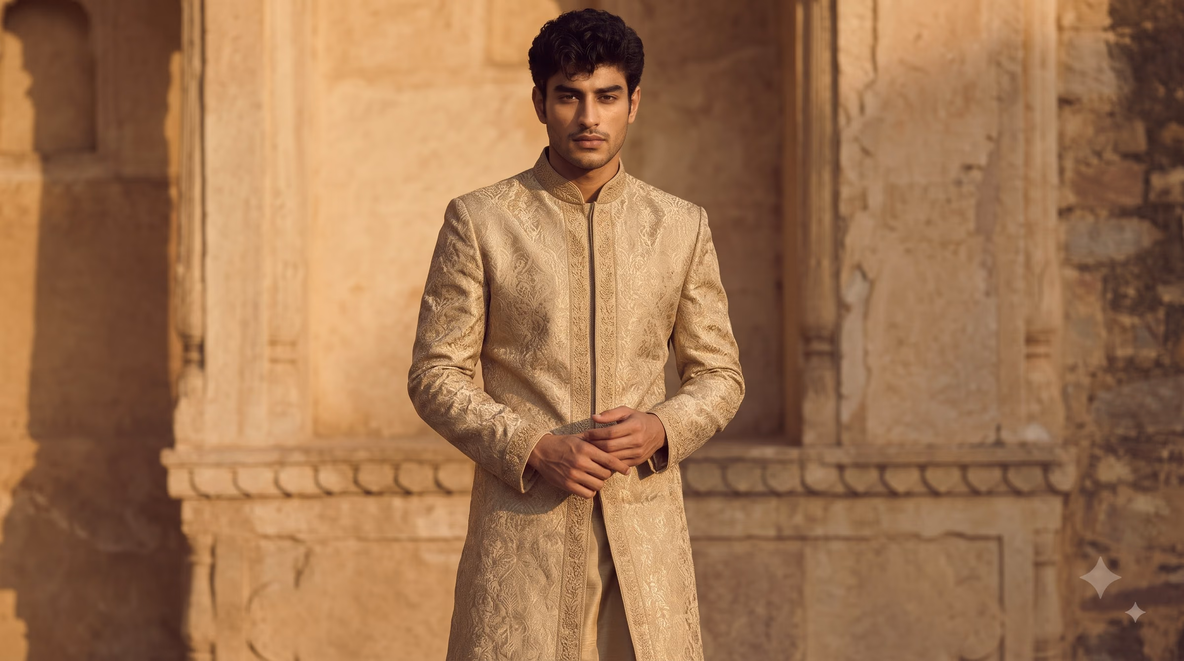 Antique Gold Muted Zari Brocade Royal Sherwani