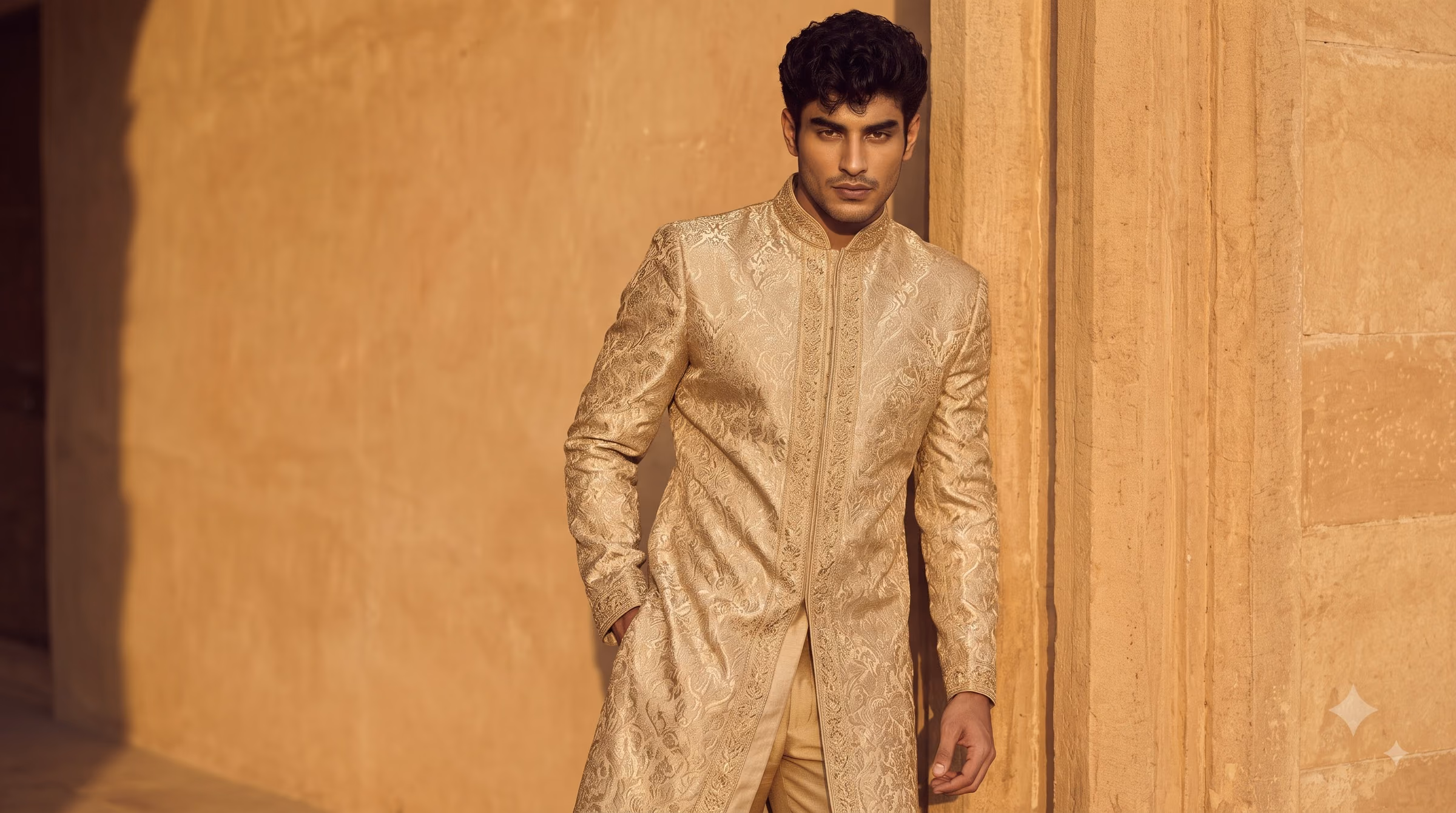 Antique Gold Muted Zari Brocade Royal Sherwani
