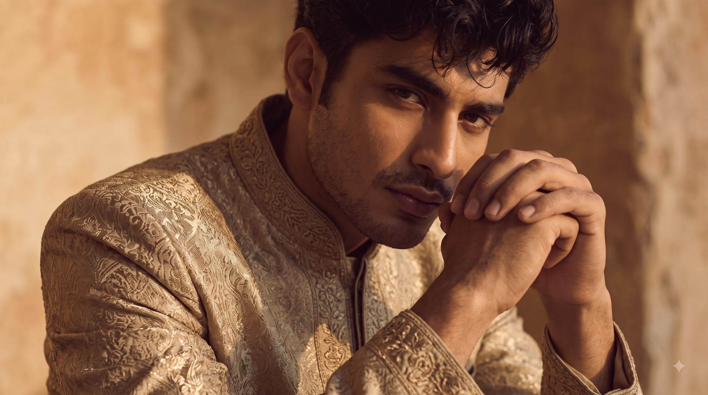 Antique Gold Muted Zari Brocade Royal Sherwani